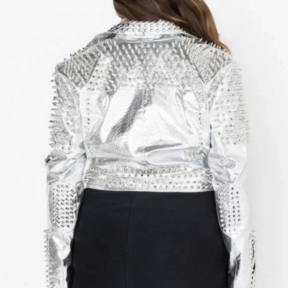 PLUS AZALEA WANG SILVER STUDDED OUT CROP MOTO - Picture 4 of 9